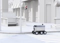 Self-driving delivery robot moving on the street