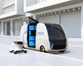 Self-driving delivery van and drone in the street