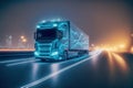 Self driving futuristic freight truck deliver goods to warehouse on city highway