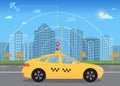 Self-driving intelligent driverless taxi car goes through the city using modern navigation gps