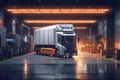 A self-driving truck showcased in a futuristic loading dock, with robotic arms and advanced logistics systems. Concept the