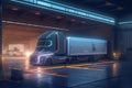 A self-driving truck showcased in a futuristic loading dock, with robotic arms and advanced logistics systems. Concept the