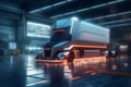 A self-driving truck showcased in a futuristic loading dock, with robotic arms and advanced logistics systems. Concept the