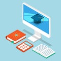 Self education computer programmer, business analysis vector illustration. 3D Isometric. Computers monitor with college