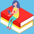 Self education, girl reading book, study and gain new knowledge. Student sitting on pile of books