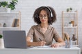 Self-education, online lecture and webinar remotely. Concentrated african american lady in glasses Royalty Free Stock Photo