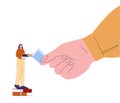 Self education and study concept. Giant hand give book to young girl. Take knowledge, personal growth vector metaphor