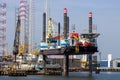 Self Elevating Platform JB-118 rig docked in the Port of Rotterdam, The Netherlands - August 1, 2014