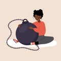Self flagellation. Sad african woman hugging heavy wrecking ball and feeling guilty. Concept of psychological self-harm