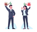 Self improvement. Happy man and woman using watering can to water sapling growing on their head. Professional career and
