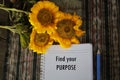 Self reminder. Find your purpose inspirational words on notebook paper with yellow flowers on classic tablecloth background.