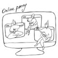 Self-isolation party, online birthday party, quarantine friends party. Vector hand drawn concept metaphor illustrations