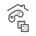 Self-isolation and quarantine game at home icon. A simple line drawing of dice and a joystick from a console under the