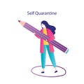 Self-Isolation or self quarantine. Woman in protective mask holding big pencil. Protective circle around the girl