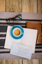 Self-isolation working at home flat lay: leather book, open blank pages of paper notebook, a pencil, glasses, medic mask and a cup Royalty Free Stock Photo