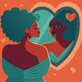 A beautiful woman admires her reflection in the mirror. Self-love, care.