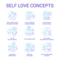 Self love blue gradient concept icons set