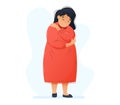 Self Love and Body Positive Concept. Young fat flat woman hugging herself. Vector isolated cartoon illustration