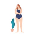 Self love and care flat vector illustration. Shy girl, european female cartoon character wearing swimsuit. Body care