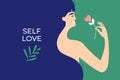 Self love, taking care of yourself design template with vector illustration of happy woman holding blooming heart shape flower Royalty Free Stock Photo