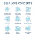 Self love turquoise concept icons set Royalty Free Stock Photo