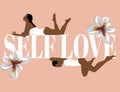 Self love. Vector  hand drawn illustration of lying woman in swimsuit with flowers. Royalty Free Stock Photo