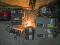 Self-made backup power source from car batteries with tungsten bulb.