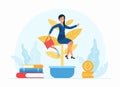 Self management concept flat vector illustration. Cartoon character business woman sitting on plant and watering it