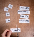 Self motivation concept. Negative words cut with scissors.