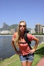 Self-portrait of blond young backpacker at Rio de Janeiro.