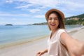 Self portrait of happy stylish young woman on Jurere beach, Florianopolis, Santa Catarina Island, Brazil