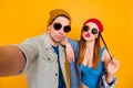 Self-portrait of his he her she nice attractive lovely pretty cheerful cheery couple spending holiday weekend sending Royalty Free Stock Photo