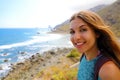 Self portrait of young woman at Playa de Benijo, Tenerife