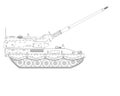 Self-propelled howitzer in line art. Raised barrel. Military armored vehicle