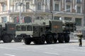 Self-propelled launcher of the Bal Coastal missile system on a Moscow street during the dress rehearsal of the parade dedicated to Royalty Free Stock Photo