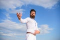 Self proud feeling. Hipster beard and mustache looks attractive white shirt. Guy enjoy top achievement. Man bearded