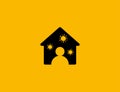 Self quarantine icon, person in house with viruses in air.