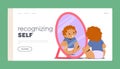 Self Recognizing Landing Page Template. Toddler Child Sitting on Floor Gazing Into A Mirror, Observing Appearance