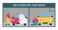Self service car wash scene, man cleaning his car with water jet and sponge, flat vector illustration.