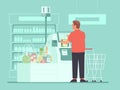 Self-service cashier in the supermarket. A man customer rings up groceries at a self-checkout terminals at a grocery store