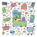Self-service cashier or terminal doodle style color. Vector set on `Self Checkout` shop cashier color