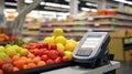 Self-Service Checkout Terminal in a Fruit Section of a Supermarket. Generative ai