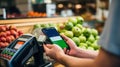 Self-Service Checkout Terminal in a Fruit Section of a Supermarket. Generative ai