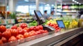 Self-Service Checkout Terminal in a Fruit Section of a Supermarket. Generative ai