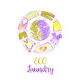 Self-service laundry logo. Bubble and clothes in circle. Freehan