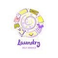 Self-service laundry logo. Freehand drawn template creative laun Royalty Free Stock Photo