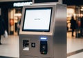 Self-service payment kiosk in a bright indoor setting. Features a Royalty Free Stock Photo