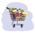 Buying food. Supermarket, grocery store. Full shopping trolley cart with grocery products. Royalty Free Stock Photo