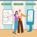 Self service to buy transport tickets for city travel, couple using kiosk with map