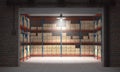 Self storage unit full of cardboard boxes. 3d rendering Royalty Free Stock Photo